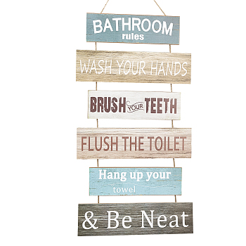 Natural Wood Bathroom Hanging Wall Decorations Signs, with Hemp Rope, Rectangle with Word, Colorful, 69cm