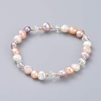 Stretch Bracelets, with Natural Cultured Freshwater Pearl Beads, Glass Beads and Brass Round Spacer Beads, Elastic Crystal Thread, with Burlap Bags, Seashell Color, 2-1/8 inch(5.5cm)