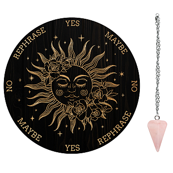 AHADERMAKER 1Pc Wood Pendulum Board, 1Pc 304 Stainless Steel Cable Chain Necklaces, 1Pc Natural Rose Quartz Stone Pendants, for Witchcraft Wiccan Altar Supplies, Sun Pattern, Board: 200x4mm