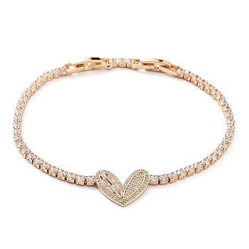 Golden Brass Link Bracelet, with Cubic Zirconia Tennis Chains, Long-Lasting Plated, Heart, 7-7/8 inch(19.9cm)
