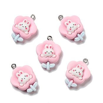 Opaque Resin Pendants, with Platinum Tone Iron Loops, Flower with Rabbit, Pink, 27.5x19.5x7mm, Hole: 2mm