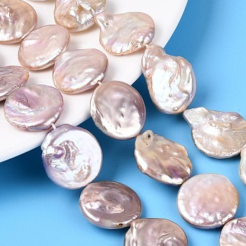 Natural Baroque Keshi Pearl Beads Strands, Nucleated Pearl, Flat Round, Plum, 19~30x18.5~22x3~11mm, Hole: 0.6mm, about 15~19pcs/strand, 14.96~15.75 inch(38~40cm)