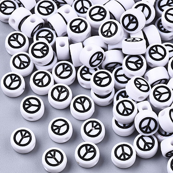 Opaque Acrylic Beads, with Enamel, Flat Round with Peace Sign, Black, White, 7x4mm, Hole: 1.6mm, about 1511pcs/207g