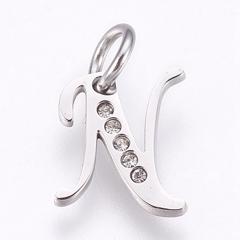 304 Stainless Steel Pendants, with Rhinestone, Letter, Letter.N, 12x10x1.5mm, Hole: 4mm