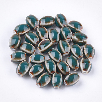 Handmade Porcelain Beads, Fancy Antique Glazed Porcelain, Oval, Cadet Blue, 12~14x9~10.5x9~11mm, Hole: 2.5mm