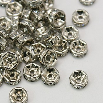 Brass Rhinestone Spacer Beads, Grade A, Rondelle, Platinum Color, Size: about 6mm in diameter, 3mm thick, hole: 1.5mm