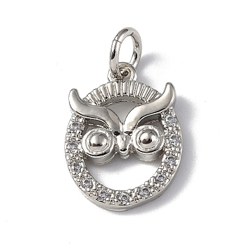 Brass Micro Pave Cubic Zirconia Charms, with Jump Ring, Owl Charms, Platinum, 14x10.5x2mm, Hole: 3mm