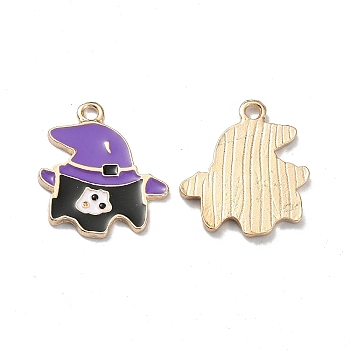 Halloween Light Gold Tone Alloy Enamel Pendants, Ghost with Hat Charm, Blue Violet, 21.5x18.5x1.5mm, Hole: 2mm