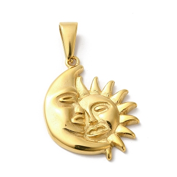 PVD Vacuum Plating 304 Stainless Steel Pendants, Moon with Sun Charm, Golden, 31x24.5x4mm, Hole: 4.5x10mm