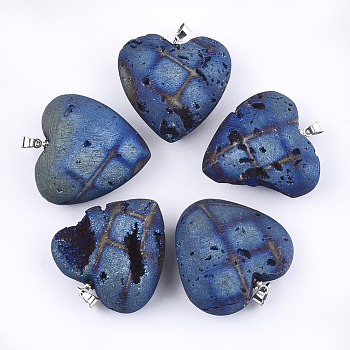 Electroplate Natural Druzy Agate Pendants, with Brass Findings, Heart, Platinum, Steel Blue, 29~32x30~31x13~15mm, Hole: 3.5x4.5mm