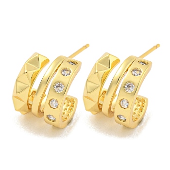 Rack Plating Brass Micro Pave Cubic Zirconia Styd Earrings, Cadmium Free & Lead Free, Long-Lasting Plated, C-Shaped, Real 18K Gold Plated, 15x12mm