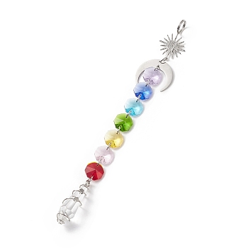 Electroplate Octagon Glass Beaded Pendant Decorations, Suncatchers, Rainbow Maker, with 304 Stainless Steel Split Rings, Clear Faceted Glass Pendants, Cone/Moon/Sun, Stainless Steel Color, 205mm