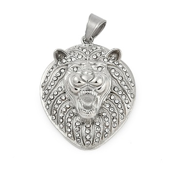 304 Stainless Steel Big Pendants, with Rhinestone, Lion Charm, Stainless Steel Color, 50x38x17mm, Hole: 10x6.5mm