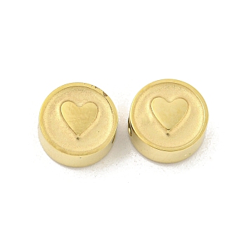 304 Stainless Steel Beads, Flat Round with Heart, Real 14K Gold Plated, 8x3.5mm, Hole: 2mm