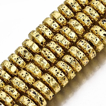 Electroplated Natural Lava Rock Beads Strands, Heishi Beads, Flat Round/Disc, Bumpy, Golden Plated, 8x4mm, Hole: 1.2mm, about 105pcs/strand, 15.75 inch(40cm)