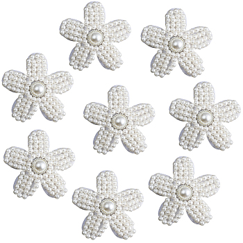 Acrylic Imitation Pearl Beaded Appliques, Sew on Ornament Accessories, 5-Petal Flower, White, 53.5x54x8mm