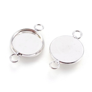 Brass Cabochon Connector Settings, Plain Edge Bezel Cups, Flat Round, Silver, Tray: 12mm, 22x14x2mm, Hole: 2mm