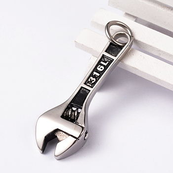 304 Stainless Steel Big Pendants, Wrench Carved 316L, Antique Silver, 60.5x21x9mm, Hole: 8mm
