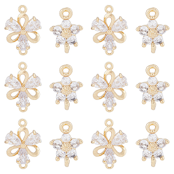 12Pcs 2 Styles Brass Clear Glass Connector Charms, Flower Links, Real 18K Gold Plated, 12~18x8~12.5x3mm, Hole: 1.2mm, 6pcs/style