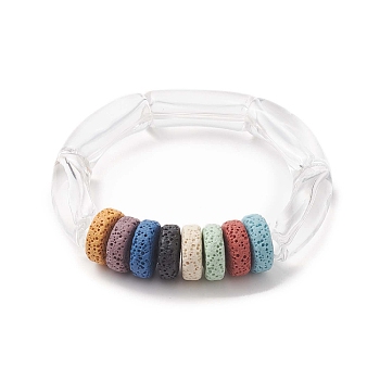 Natural Lava Rock Flat Round & Acrylic Beaded Stretch Bracelet for Women, Colorful, Inner Diameter: 2-1/4 inch(5.6cm)