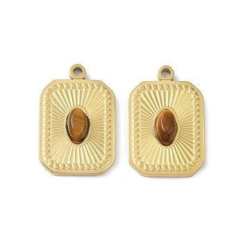 Natural Tiger Eye Pendants, Ion Plating(IP) 304 Stainless Steel Rectangle Charms, Real 18K Gold Plated, 18.5x12x3.5mm, Hole: 1.4mm