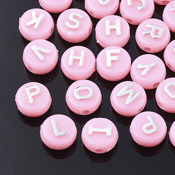 Plating Opaque Acrylic Beads, Metal Enlaced, Horizontal Hole, Flat Round with Letter, Pink, 10x6mm, Hole: 1.8mm