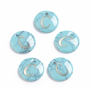Synthetic Turquoise Charms, with Plastic Letter, Flat Round, Letter.C, 15x2mm, Hole: 1.5mm