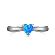 Heart Rhodium Plated 925 Sterling Silver Finger Rings, with Synthetic Opal, Real Platinum Plated, US Size 7 1/4(17.5mm)(RJEW-P100-03P)