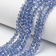 Electroplate Glass Beads Strands, Half Plated, Blue Plated, Faceted, Rondelle, Cornflower Blue, 6x5mm, Hole: 1mm, about 85~88pcs/strand, 16.1~16.5 inch(41~42cm)(EGLA-A034-T6mm-I12)