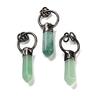 Natural Green Aventurine Faceted Pointed Bullet Pendants, Brass Ring Charms with Jump Rings, Red Copper, 48~50x20x9~10mm, Hole: 6mm(G-A221-03E)