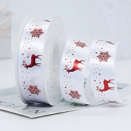 22M Flat Christmas Reindeer Printed Polyester Satin Ribbons, Hot Stamping Ribbons, White, 1 inch(25mm), about 24.06 Yards(22m)/Roll(XMAS-PW0001-183A)