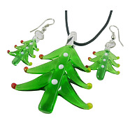 Handmade Lampwork Jewelry Sets, Christmas tree, about 48mm wide, 54mm long, hole: 7mm, Earring: 21mm wide, 27mm long, hole: 4mm(X-DP223J-4)