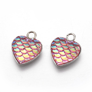 304 Stainless Steel Pendants, with Resin, Heart with Fish Scale Shape, Stainless Steel Color, Pink, 16x13x3.5mm, Hole: 2mm(STAS-F184-B10)