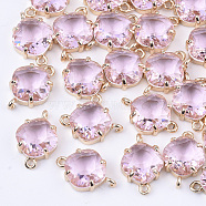 Transparent Glass Links connectors, with Brass Findings, Faceted, Rhombus, Light Gold, Pearl Pink, 16.5x11x6mm, Hole: 1.2mm, Side Length: 11mm(X-GLAA-T007-21E)