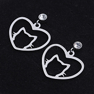 201 Stainless Steel Kitten Dangle Stud Earrings, with Clear Cubic Zirconia, Heart with Cat Head, Stainless Steel Color, 23mm, Pin: 0.8mm(EJEW-T008-JN740)