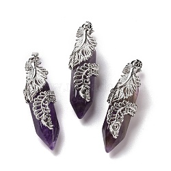 Natural Amethyst Pendants, with Platinum Tone Brass Findings, Cadmium Free & Lead Free, Double Terminal Pointed Bullet with Feather, 45~47.5x14~14.5x13~14mm, Hole: 8x5mm(G-E059-02AS-01)