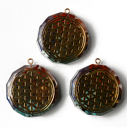 Flat Round Epoxy Resin Pendants, Spiritual Charms, with Natural Amethyst & Lapis Lazuli & Sodalite & Green Aventurine & Tiger Eye & Carnelian & Red Jasper Chips inside, and Brass Sticker, Flower of Life Pattern, 39.5x35x10.5~11.5mm, Hole: 1.8mm(G-R478-22J)