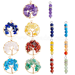 2 Sets Natural & Synthetic Mixed Gemstone Copper Wire Wrapped Pendants, Flat Round with Tree of Life & Round Charm, Mixed Dyed and Undyed, Platinum & Golden, 30~37.5x30x6~8.5mm, Hole: 3.2~3.5mm, 7pcs/set(G-FH0001-86)