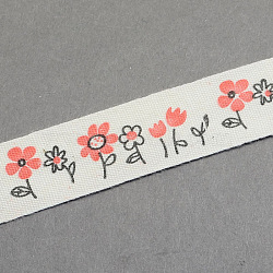 Flowers Printed Cotton Ribbon, Tomato, 5/8 inch(15mm), about 20yards/roll(18.28m/roll)(OCOR-S026-15)