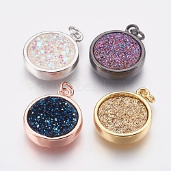 Brass Charms, with Druzy Resin Cabochon, Flat Round, Mixed Color, 14x11.5x3mm, Hole: 2mm(KK-P145-G)