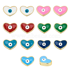 Nbeads 14Pcs 7 colors Golden Tone Brass Beads, with Enamel, Heart with Evil Eye, Mixed Color, 11x15x4.5mm, Hole: 1.6mm, 2pcs/color(ENAM-NB0001-43G)