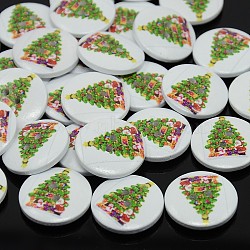 2-Hole Dyed Flat Round Printed Wooden Sewing Buttons for Christmas, Lime Green, 20x4mm, Hole: 1.5mm(X-BUTT-P001-20mm-01)