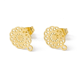 304 Stainless Steel Stud Earrings Finding, Hollow Flower, with Horizontal Loop, Golden, 13x10.5mm, Hole: 1.2mm, Pin: 0.85mm(STAS-C061-07G)