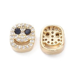 Brass Micro Pave Cubic Zirconia Beads, Lead Free & Cadmium Free, Long-Lasting Plated, Real 18K Gold Plated, Oval with Smiling Face, Dark Blue, 9x8x4mm, Hole: 1mm(KK-M241-01P)