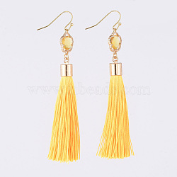 Polyester Tassel Dangle Earrings, with Alloy Glass Links and Brass Earring Hooks, Yellow, 86~87mm, Pin: 0.7mm(EJEW-JE03607-01)