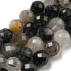 Natural Tourmalinated Quartz/Black Rutilated Quartz Beads Strands, Faceted, Round, 8mm, Hole: 0.8mm, about 45~47pcs/strand, 15''(38.1cm)(G-D463-01A)