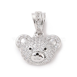 Brass Micro Pave Cubic Zirconia Pendants, Bear Head Charm, Platinum, Clear, 16x13x5.5mm, Hole: 6.5x3.5mm(KK-C012-03P-06)