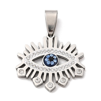 201 Stainless Steel Pendants, with Rhinestone, Eye Charm, Stainless Steel Color, 22.5x24.5x3mm, Hole: 9x4.5mm