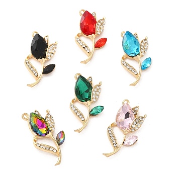 Rack Plating Alloy Pendants, with Rhinestone and Glass, Flower Charm, Golden, Mixed Color, 32.5x16.5x7mm, Hole: 1.6mm