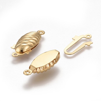 304 Stainless Steel Box Clasps, Multi-Strand Clasps, Oval, Real 24k Gold Plated, 21x8x5mm, Hole: 1.2mm